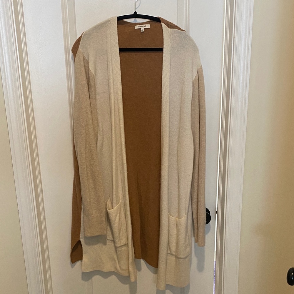 Madewell Women's Color Block Cream and Brown Open Front Cardigan Sweater